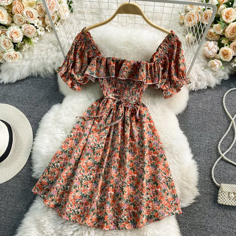 Slim waist with square neck bubble sleeve Floral Dress  3317