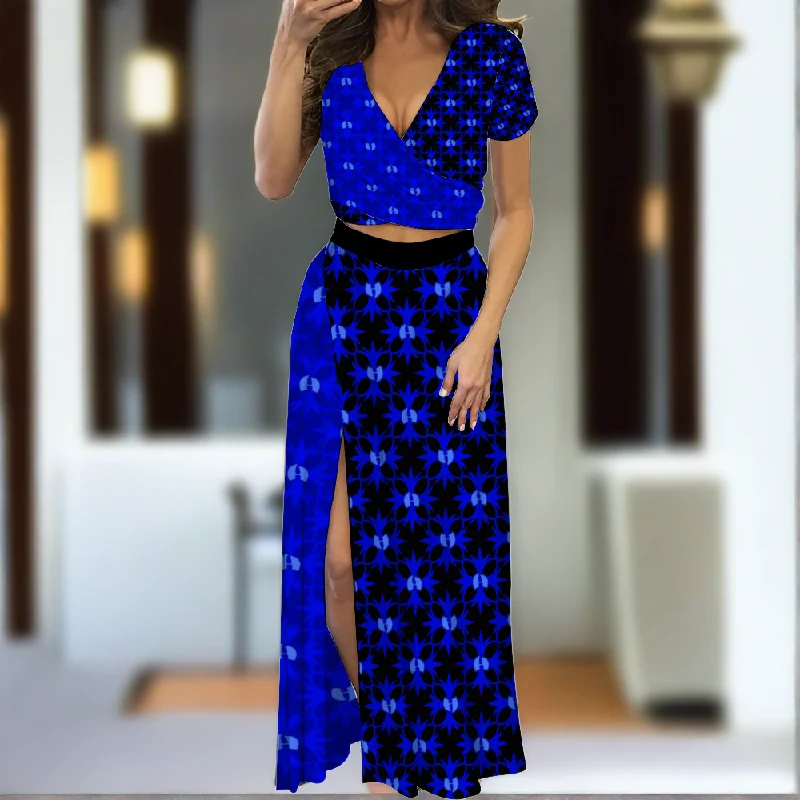 Blue Azure Two Piece Outfit V-Neck Top and Long Skirt Set