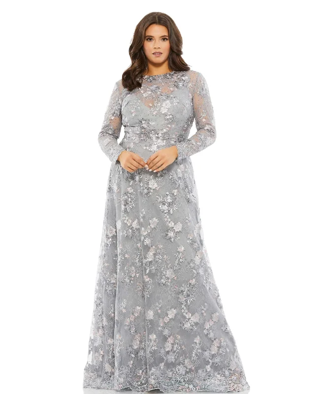 Embellished Illusion Long Sleeve A Line Gown | Platinum