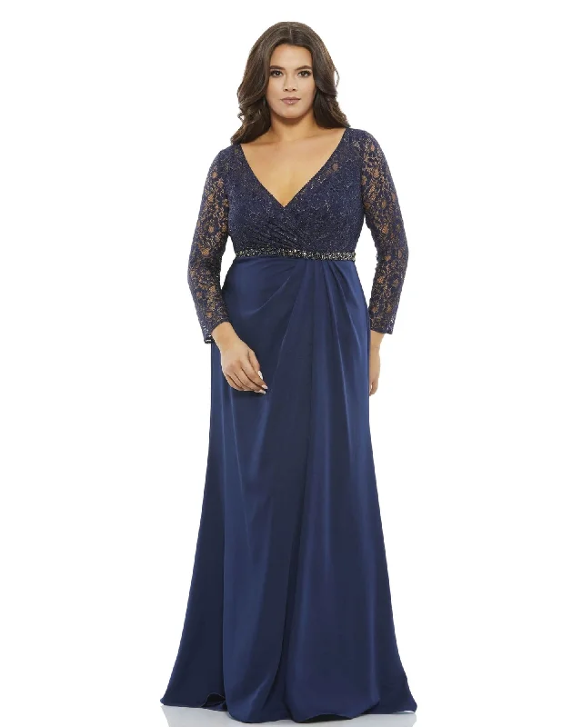 Lace Illusion Long Sleeve V-Neck Draped Gown | MIDNIGHT