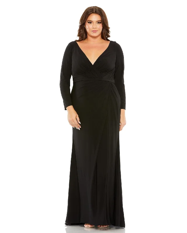 Long Sleeve V-Neck Faux Wrap Gown | Black