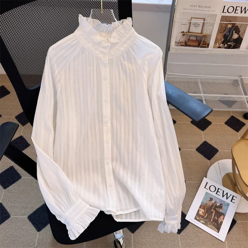 Women's White Long Sleeve Lotus Leaf Collar Casual Shirt