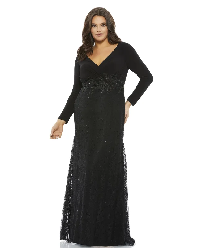 Wrap-Over Long Sleeve Lace Applique Trumpet Gown | BLACK