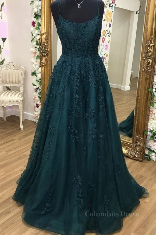 A Line Dark Green Tulle Lace Long Corset Prom Dress, Dark Green Lace Corset Formal Graduation Evening Dress outfit