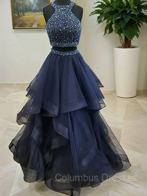 A-Line/Princess Halter Floor-Length Tulle Prom Dresses