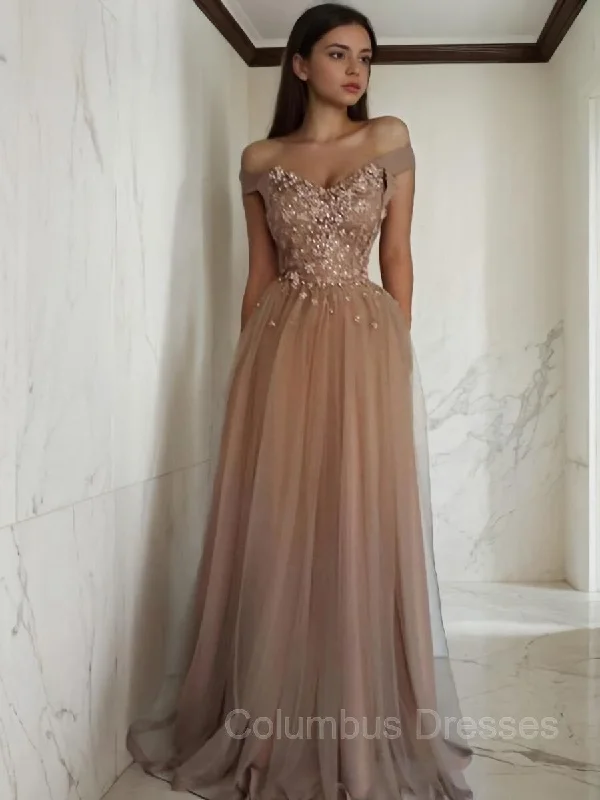 A-Line/Princess Off-the-Shoulder Floor-Length Tulle Prom Dresses With Flower