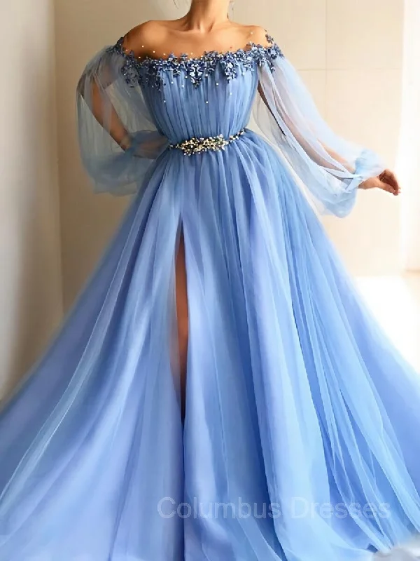 A-Line/Princess Off-the-Shoulder Floor-Length Tulle Prom Dresses With Leg Slit