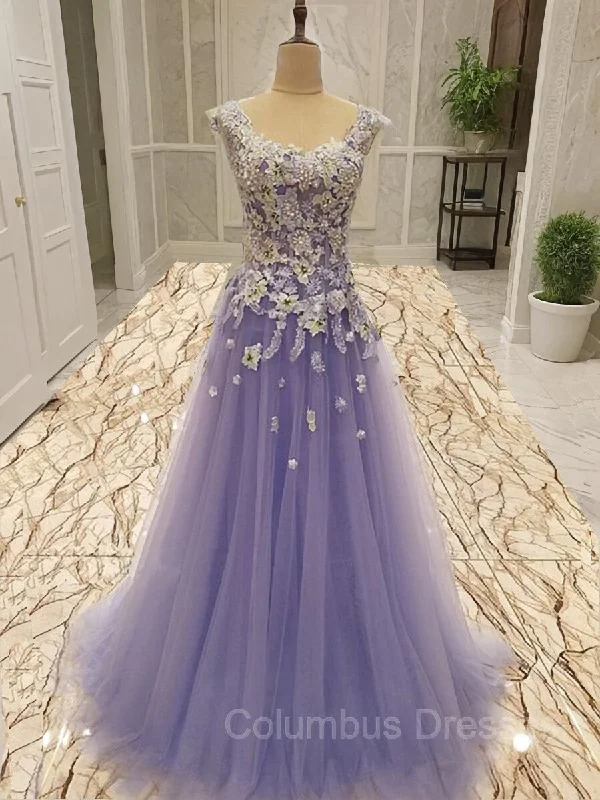 A-Line/Princess Scoop Floor-Length Tulle Evening Dresses With Appliques Lace