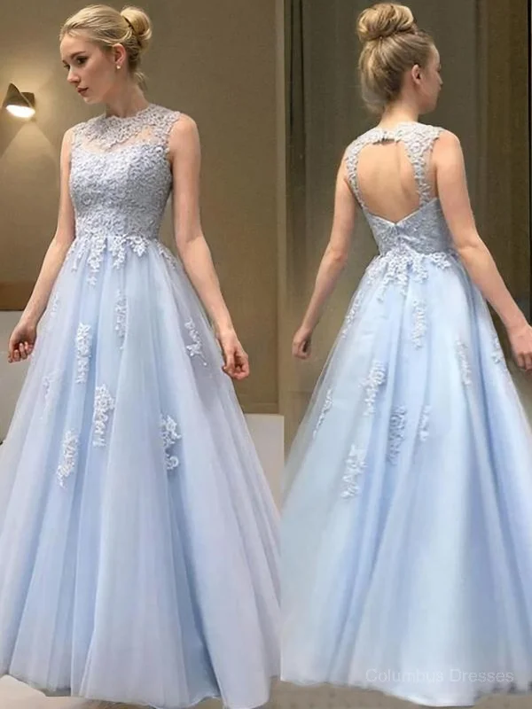 A-Line/Princess Sheer Neck Floor-Length Tulle Evening Dresses With Appliques Lace