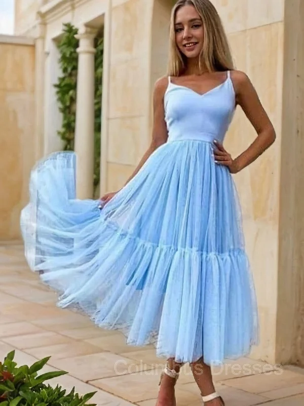 A-Line/Princess V-neck Tea-Length Tulle Homecoming Dresses With Pleated