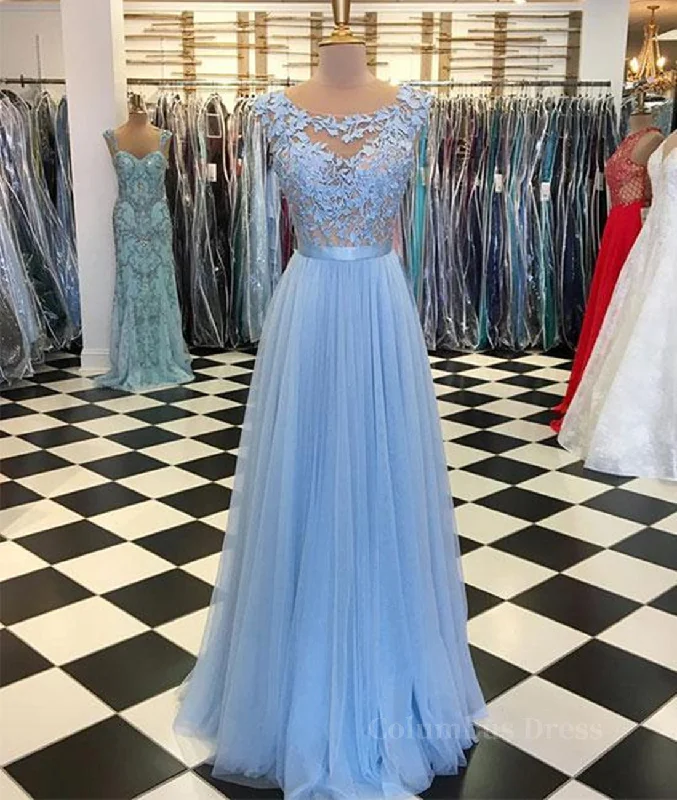 A Line Round Neck Blue Lace Appliques Tulle Long Corset Prom Dresses, Blue Lace Graduation Dresses, Blue Evening Corset Formal Dresses outfit