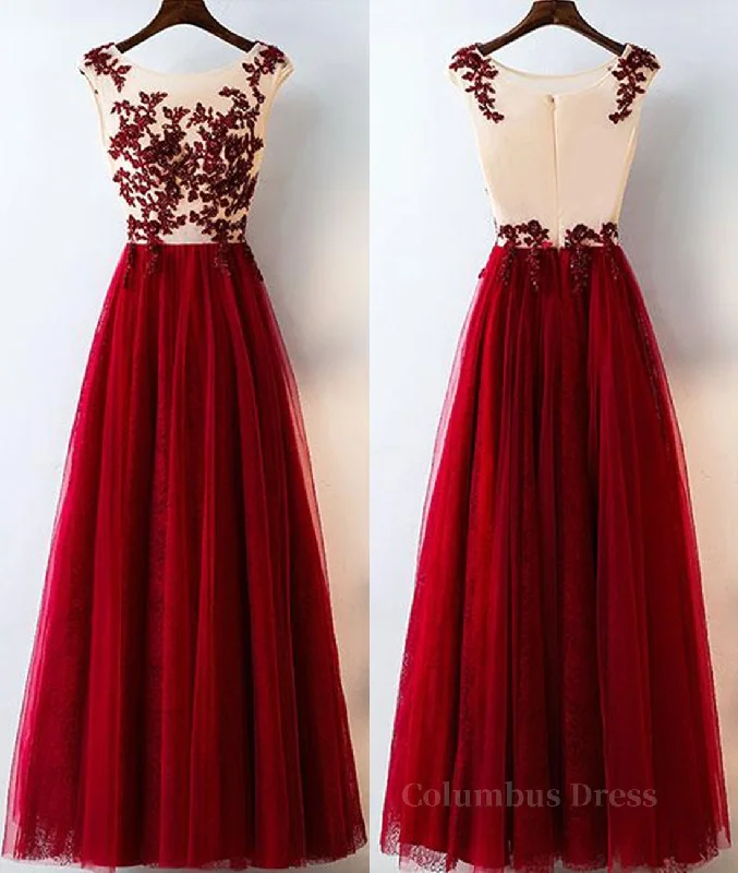 A Line Round Neck Burgundy Lace Tulle Long Corset Prom Dress, Burgundy Lace Evening Dress, Burgundy Lace Graduation Dress outfits