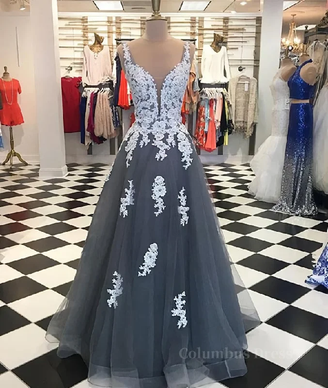 A Line Spaghetti Straps Lace Grey Tulle Long Corset Prom Dress, Grey Corset Formal Corset Bridesmaid Dress, Evening Dress outfit