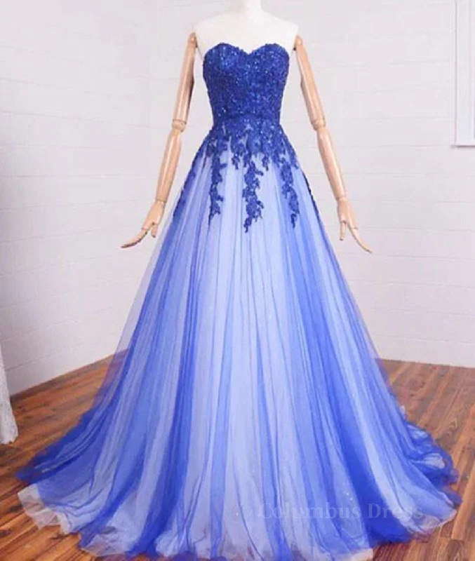 A Line Sweetheart Neck Lace Tulle Blue Long Corset Prom Dresses, Blue Corset Formal Dresses, Blue Lace Evening Dresses outfit