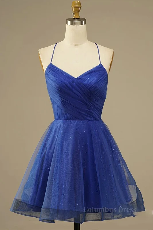 A Line V Neck Backless Blue Tulle Corset Prom Dress, Backless Blue Corset Homecoming Dress, Short Blue Corset Formal Evening Dress outfit