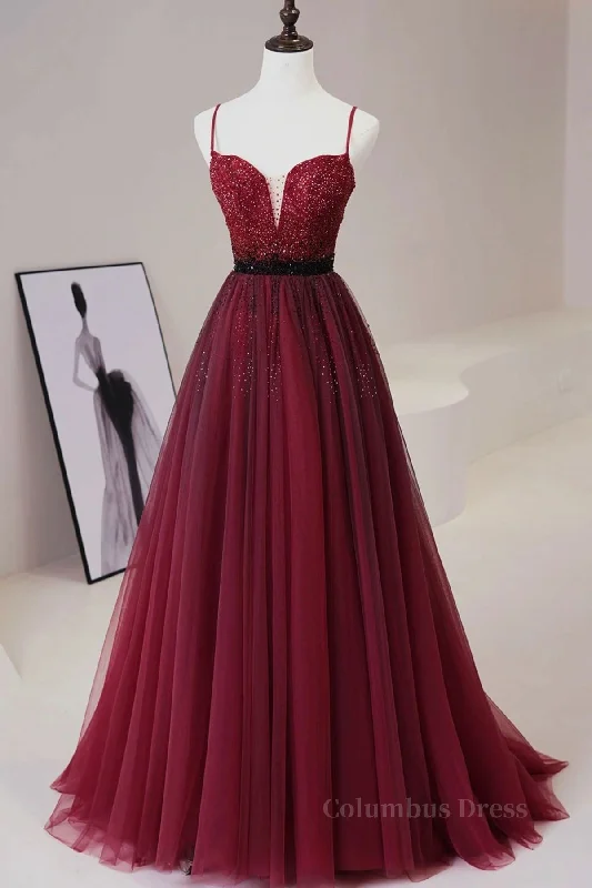 A Line V Neck Beaded Burgundy Tulle Long Corset Prom Dress, Beaded Burgundy Corset Formal Graduation Evening Dress outfit