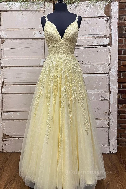 A Line V Neck Beaded Yellow Lace Tulle Long Corset Prom Dress, Yellow Lace Corset Formal Dress, Beaded Yellow Evening Dress outfit