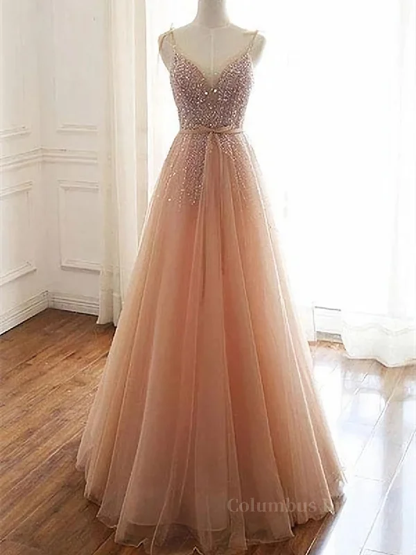 A Line V Neck Champagne Tulle Long Beaded Corset Prom Dresses, Champagne Long Corset Formal Evening Dresses outfit