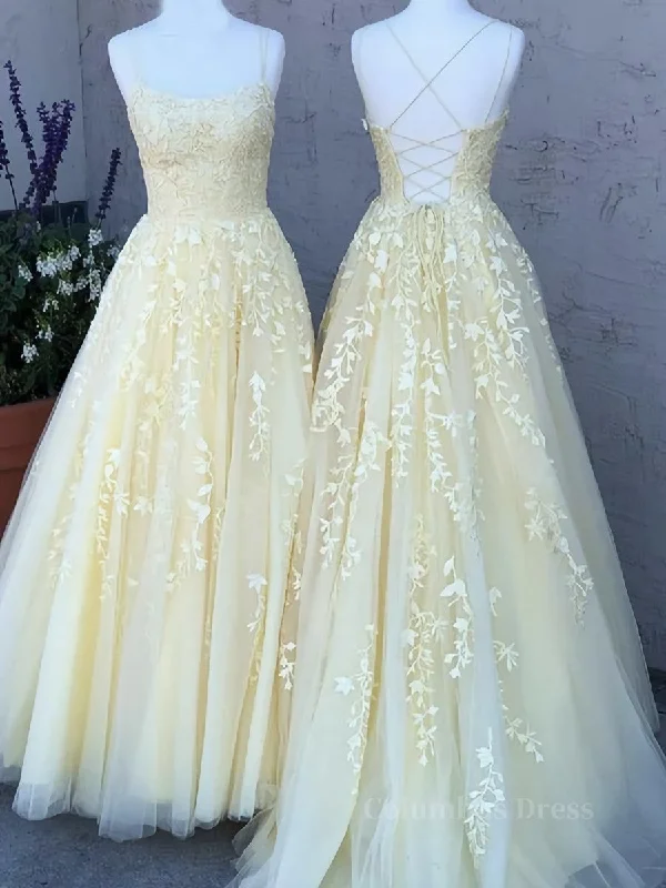 Backless Yellow Tulle Long Lace Corset Prom Dresses, Open Back Yellow Lace Corset Formal Evening Dresses outfit