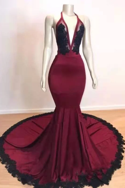 Burgundy Halter Deep V Neck Mermaid Corset Prom Dress with Lace, Long Evening Gown outfits