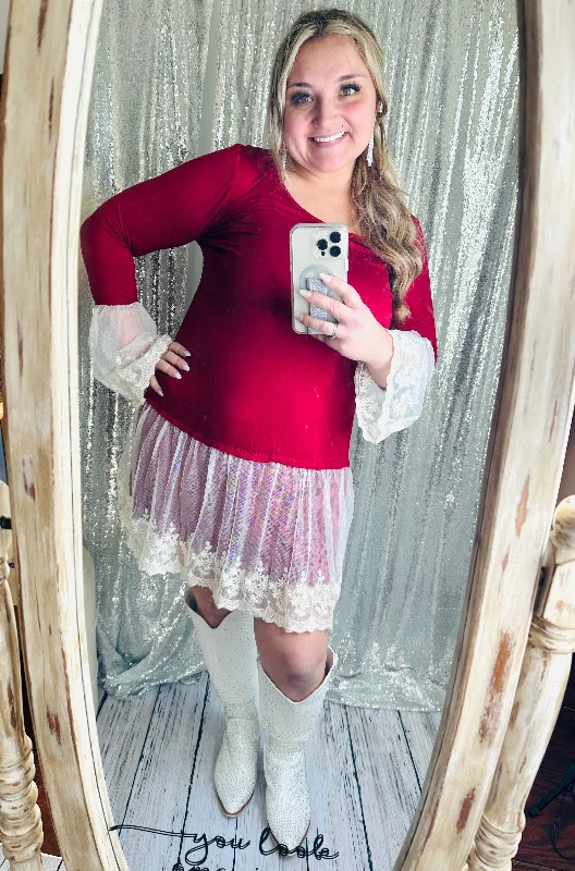 Burgundy Lace Belle Long Sleeve Tunic Dress