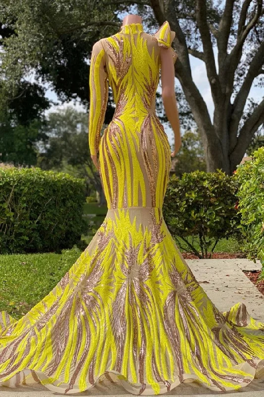 Chic Yellow Long Mermaid High Neck Tulle Lace Prom Dress with Sleeves