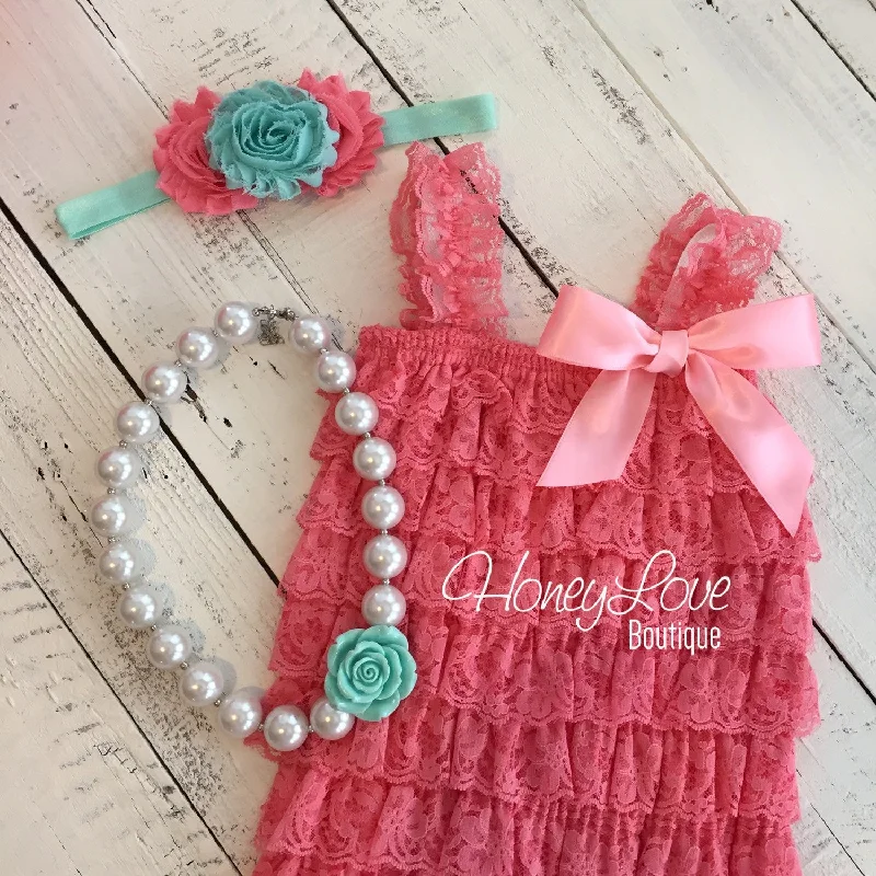 Lace Petti Romper - Coral and Aqua - optional necklace and headband