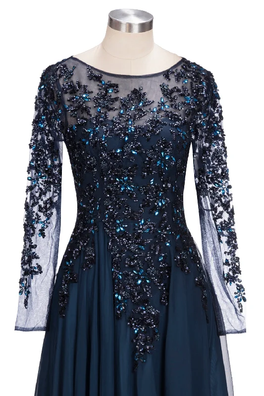 Dark Navy Long A-line Jewel Tulle Formal Evening Dresses with Sleeves