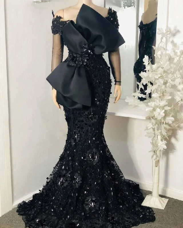 Elegant African Black Mermaid Evening Dresses, Full Sleeves Lace Appliqued Beaded Arabic Aso Corset Prom Gowns With Bow Robe De Soiree Gowns