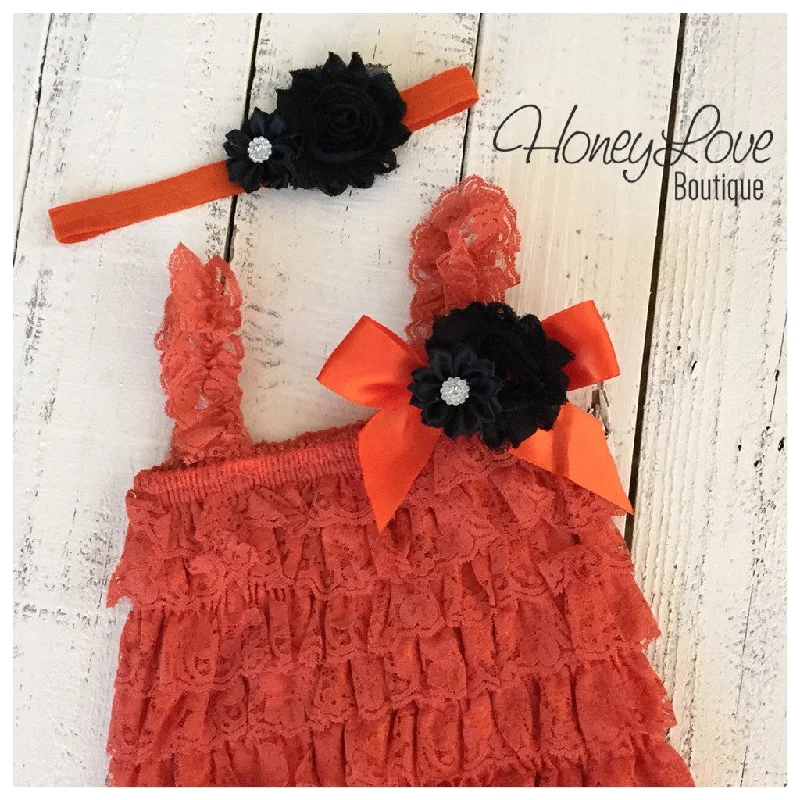 Lace Embellished Orange Petti Romper & Headband