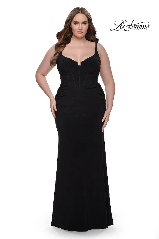 La Femme 32190 Sweetheart Neckline Lace up Back High Slit Jersey Fitted Evening Dress