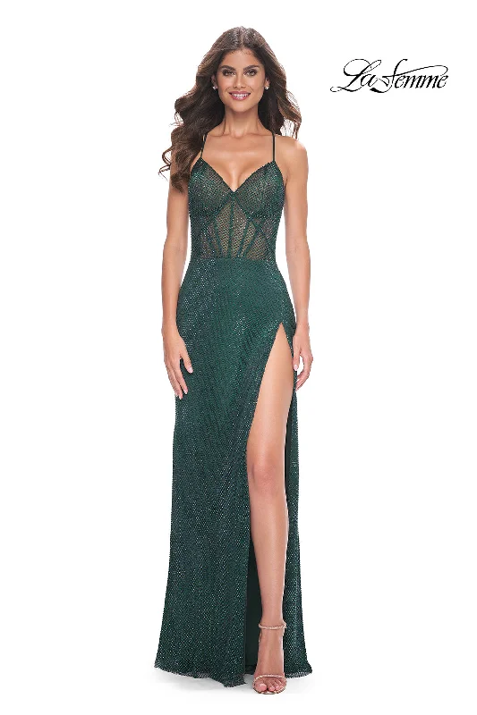 La Femme 32247 V-Neck Neckline Lace up Back High Slit Hot Stone/Fishnet Column Fitted Evening Dress