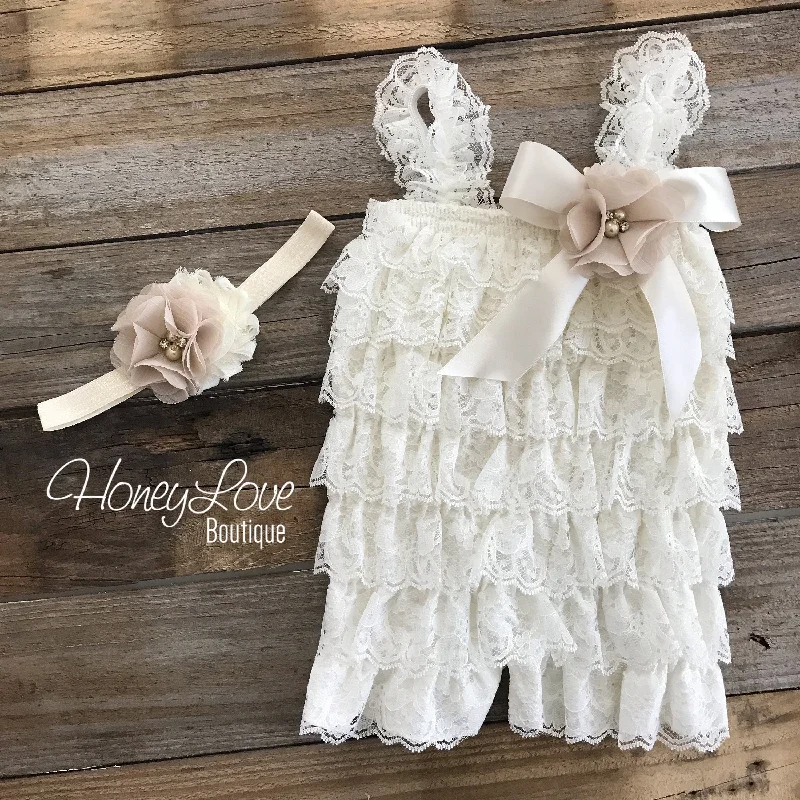 Lace Petti Romper - Ivory and matching flower headband