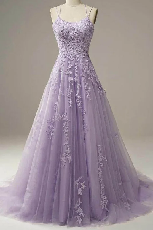 Light Purple Lace Applique A Line Spaghetti Straps Corset Prom Dress Evening Gown outfits