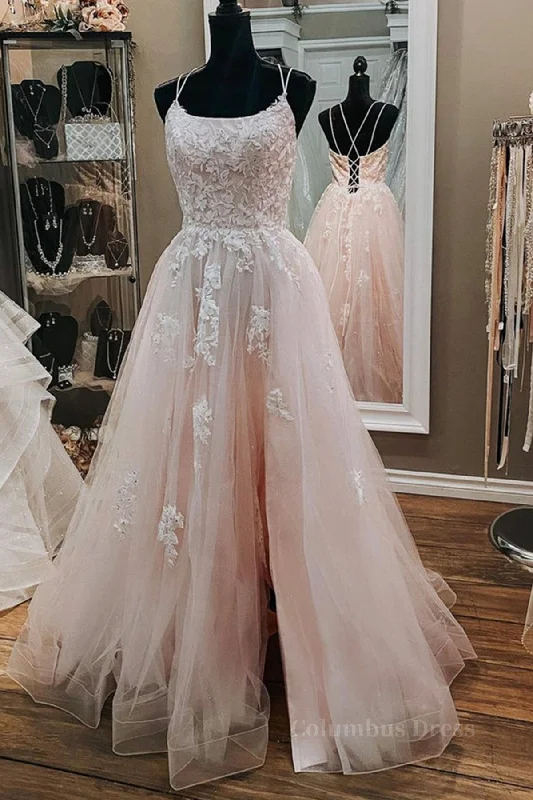 Open Back Pink Tulle Lace Long Corset Prom Dress with Appliques, Pink Lace Corset Formal Graduation Evening Dress outfit