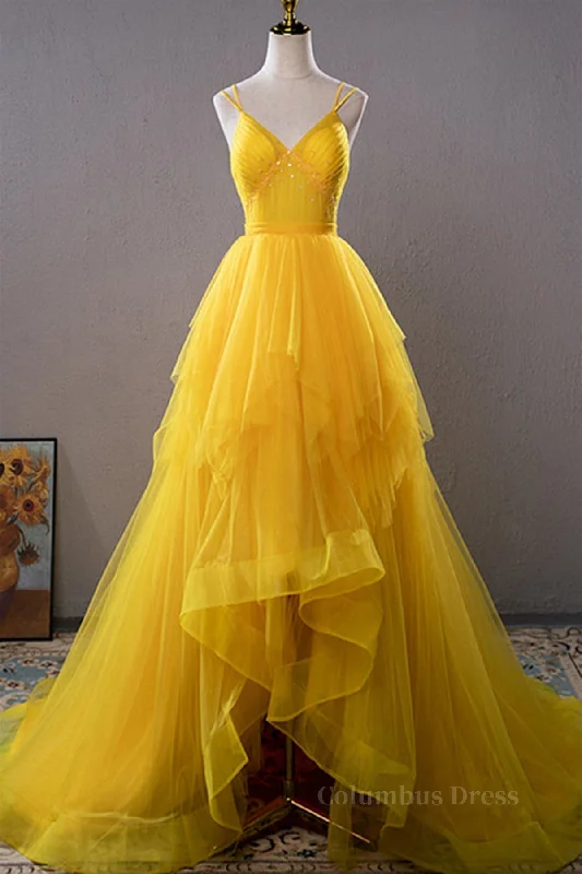 Open Back V Neck High Low Yellow Tulle Long Corset Prom Dress, High Low Yellow Corset Formal Evening Dress outfit