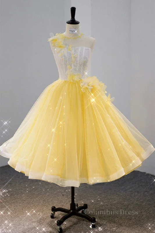 Round Neck Yellow Lace Tulle Corset Prom Dress, Yellow Lace Short Corset Homecoming Dress, Yellow Corset Formal Graduation Evening Dress outfit