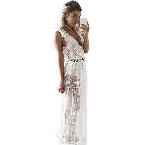 Sexy Hollow Out White Lace Dress