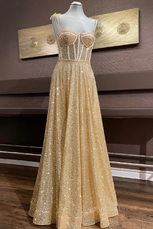 Shiny A Line Spaghetti Straps Gold Corset Prom Dresses Long, Sweetheart Neck Golden Corset Formal Dresses, Gold Tulle Evening Dresses WT1856 Outfits