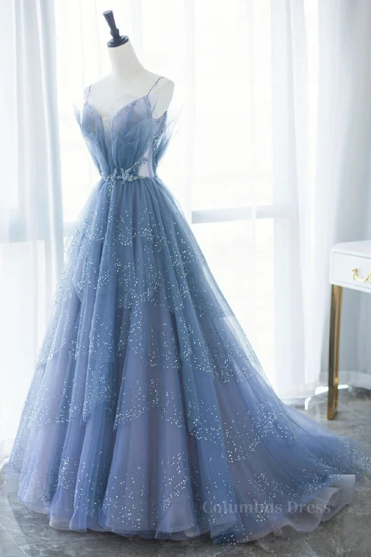 Shiny Tulle V Neck Blue Long Corset Prom Dress, Blue Tulle Corset Formal Evening Dress, Blue Corset Ball Gown outfits