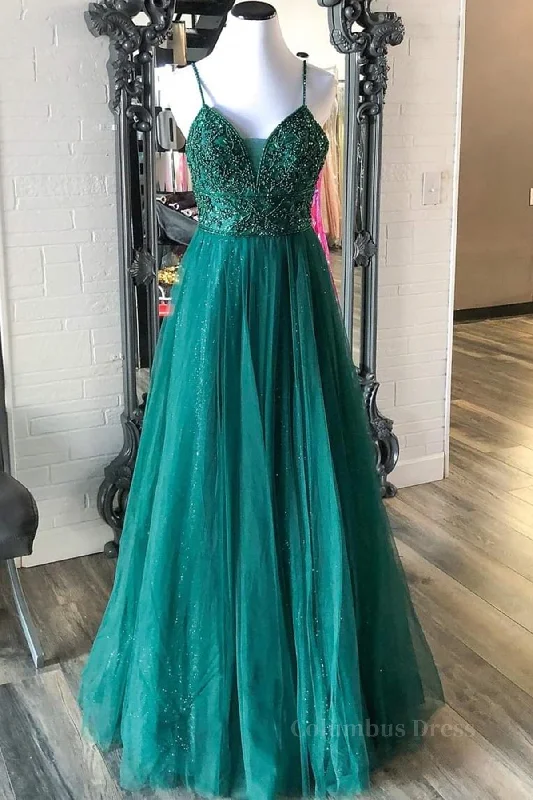 Shiny V Neck Backless Beaded Green Tulle Long Corset Prom Dress, Green Lace Corset Formal Dress, Beaded Evening Dress outfit