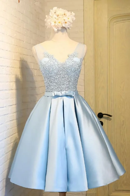 Sky Blue A Line V Neck Short Corset Prom Dresses, Appliques Lace Corset Homecoming Dresses outfit