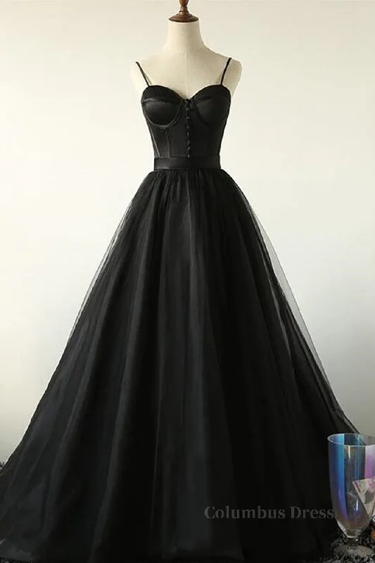 Sweetheart Neck Black Tulle Long Corset Prom Dress, Thin Straps Black Corset Formal Evening Dress, Black Corset Ball Gown outfits