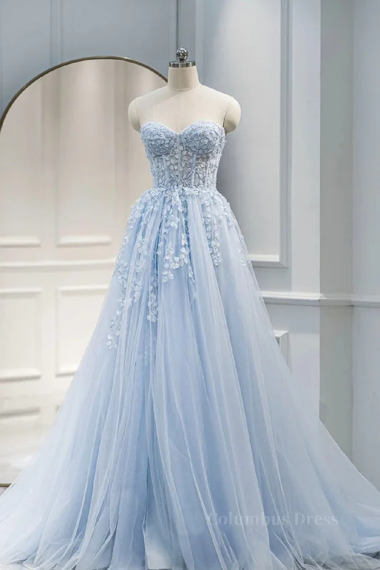 Sweetheart Neck Light Blue Lace Tulle Long Corset Prom Dress, Light Blue Lace Corset Formal Graduation Evening Dress outfit