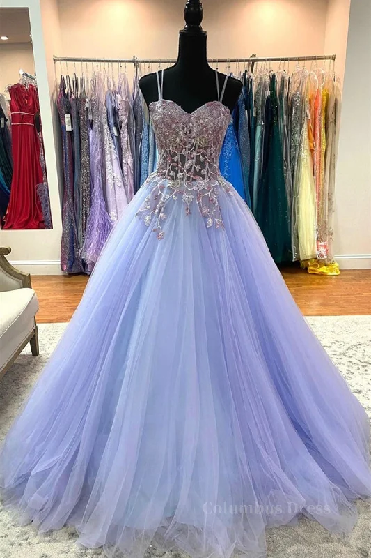 Sweetheart Neck Purple Tulle Long Corset Prom Dress with Lace Appliques, Purple Lace Corset Formal Graduation Evening Dress outfit