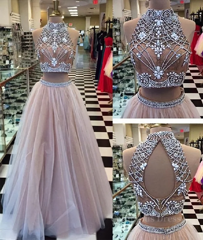 Two Pieces High-Neck Beaded Tulle Long Champagne Corset Prom Dresses, Evening Dresses outfit