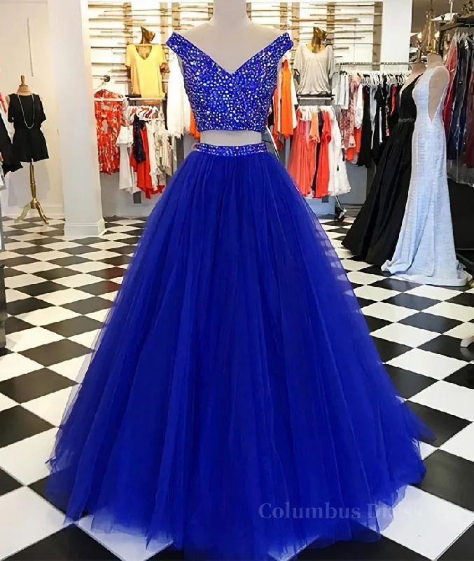 V Neck Off Shoulder 2 Pieces Beads Blue Tulle Long Corset Prom Dress, Blue 2 Pieces Corset Ball Gown, Evening Dress outfit