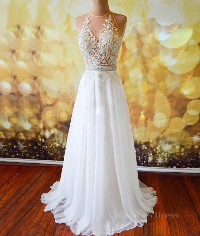 White Chiffon Tulle Appliques Lace Sweep Train Sexy Open Back Corset Prom Dresses, Lace Corset Formal Dresses outfit