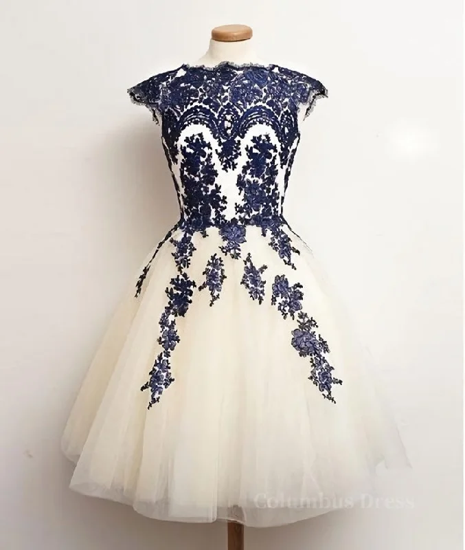 White Tulle Short Navy Blue Lace Corset Prom Dresses, Short Blue Lace Corset Homecoming Dresses outfit