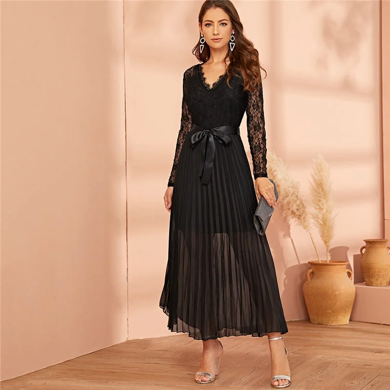 Women's Summer Belted V-Neck Long Dress With Lace